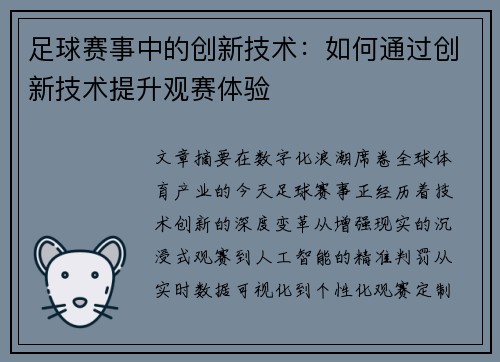 足球赛事中的创新技术：如何通过创新技术提升观赛体验