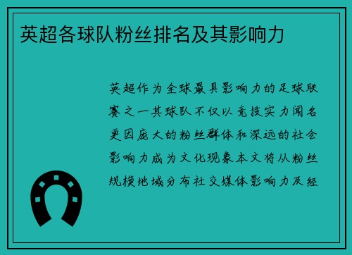 英超各球队粉丝排名及其影响力